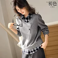 【初色】休閒百搭撞色拼接格紋假兩件長袖翻領襯衫上衣女上衣-灰色-15084(M-2XL可選) M 灰色