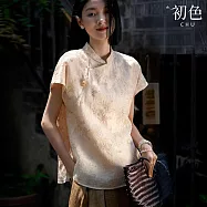 【初色】復古風立領短袖刺繡斜門襟造型上衣女上衣-杏色-13897(M-XL可選) M 杏色