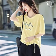 【初色】慵懶風簡約寬鬆字母印花側面拉繩圓領短袖T恤上衣女上衣-共3色-13902(M-2XL可選) XL 黃色
