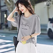 【初色】慵懶風簡約寬鬆字母印花側面拉繩圓領短袖T恤上衣女上衣-共3色-13902(M-2XL可選) 2XL 灰色
