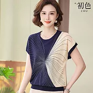 【初色】韓版撞色圓領線條寬鬆冰絲針織短袖T恤上衣女上衣-共4色-13908(F可選) F 藏青色