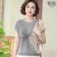【初色】韓版撞色圓領線條寬鬆冰絲針織短袖T恤上衣女上衣-共4色-13908(F可選) F 灰藍色