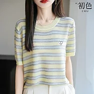 【初色】甜美撞色條紋愛心小刺繡圓領短袖T恤上衣女上衣-共3色-13964(F可選) F 黃色