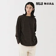 【MUJI 無印良品】男水洗粗織船領九分袖T恤 M 棕橫紋