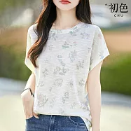 【初色】文藝風扎染多色印花輕薄透氣圓領短袖針織衫上衣女上衣-共9色-13920(F可選) F 白小花