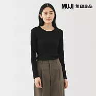 【MUJI 無印良品】女柔滑螺紋圓領長袖T恤 L 黑色