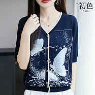 【初色】休閒簡約寬鬆拼接撞色圖案印花V領短袖打底衫針織衫上衣女上衣-藍蝴蝶-13923(F可選) F 藍蝴蝶