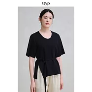 ltyp旅途原品 雙面針織精梳棉綁帶收腰T恤氣質黑色短袖上衣女夏季 M L M 經典黑
