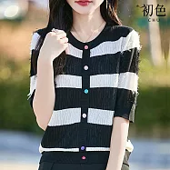 【初色】純色撞色條紋緹花流蘇抽絲針織圓領五分袖針織衫輕薄T恤上衣女上衣-共3色-13926(F可選) F 黑色