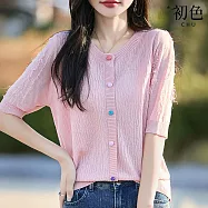 【初色】純色撞色條紋緹花流蘇抽絲針織圓領五分袖針織衫輕薄T恤上衣女上衣-共3色-13926(F可選) F 粉色