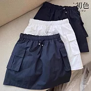 【初色】休閒薄款顯瘦純色鬆緊抽繩高腰工裝A字中長裙半身裙-共3色-13936(M-2XL可選) M 藏青色