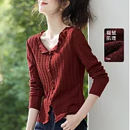 【MsMore】 糖果多巴胺肌理感褶皺分割開叉V領長袖上衣# 126042 2XL 紅色