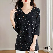 【初色】V領碎花印花寬鬆顯瘦七分袖T恤上衣-共3色-13971(M-5XL可選) 4XL 黑色