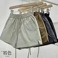 【初色】美式工裝抽繩鬆緊腰顯瘦運動褲休閒褲寬褲短褲-共4色-13939(M-4XL可選) M 杏綠色