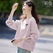 【初色】簡約甜美愛心刺繡圓領長袖大學T上衣女上衣-共4色-10840(M-2XL可選) XL 粉紅色