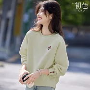 【初色】簡約甜美愛心刺繡圓領長袖大學T上衣女上衣-共4色-10840(M-2XL可選) XL 綠色