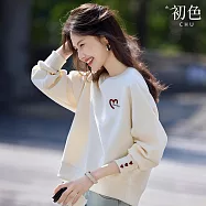 【初色】簡約甜美愛心刺繡圓領長袖大學T上衣女上衣-共4色-10840(M-2XL可選) 2XL 米杏色