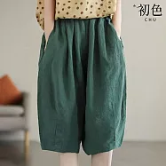 【初色】復古寬鬆顯瘦純色口袋高腰棉麻哈倫褲五分褲休閒褲寬褲短褲-共4色-13949(M-3XL可選) M 墨綠色
