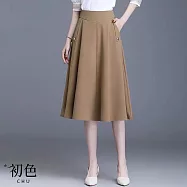 【初色】通勤風簡約純色翻摺裝飾顯瘦A字傘裙半身裙中長裙-共3色-13950(L-5XL可選) L 卡其色