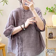 【初色】文藝棉麻風純色斜襟繫帶寬鬆圓領五分短袖休閒T恤上衣女上衣-共5色-13965(M-4XL可選) M 紫色