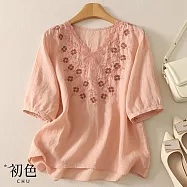 【初色】文藝棉麻風刺繡蕾絲繡花寬鬆V領五分短袖T恤上衣女上衣-共7色-13967(M-3XL可選) 3XL 粉紅色