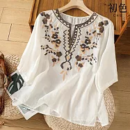 【初色】民族風寬鬆重工刺繡圓領小V領短袖棉麻小衫襯衫上衣女上衣-共5色-13973(M-3XL可選) M 白色