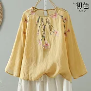 【初色】復古風文藝花卉刺繡薄款透氣寬鬆圓領九分長袖T恤上衣女上衣-共4色-13974(M-4XL可選) M 黃色