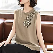 【初色】輕奢感重工刺繡圓領無袖寬鬆上衣內搭外穿背心女背心-共5色-13977(M-4XL可選) L 卡其色