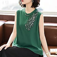 【初色】輕奢感重工刺繡圓領無袖寬鬆上衣內搭外穿背心女背心-共5色-13977(M-4XL可選) 3XL 墨綠色