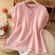 【初色】簡約棉麻風純色木耳邊圓領無袖寬鬆輕薄透氣襯衫上衣女上衣-共3色-14007(M-3XL可選) M 粉色