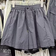 【初色】運動風純色透氣高腰鬆緊腰抽繩闊腿褲休閒褲寬褲短褲-共3色-13986(M-2XL可選) M 深灰色