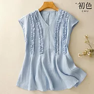 【初色】日系純色修身系帶木耳邊V領短袖馬甲背心上衣女上衣-共2色-13992(M-3XL可選) L 藍色