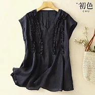 【初色】日系純色修身系帶木耳邊V領短袖馬甲背心上衣女上衣-共2色-13992(M-3XL可選) M 黑色