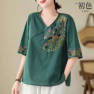 【初色】民族風復古刺繡輕薄寬鬆斜襟V領五分短袖T恤上衣女上衣-共4色-13994(M-3XL可選) M 綠色