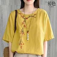 【初色】簡約棉麻風梅花繡花刺繡圓領五分袖短袖寬鬆T恤上衣女上衣-共3色-13996(M-3XL可選) L 黃色