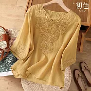 【初色】復古風氣質寬鬆純色重工刺繡圓領小V領短袖五分袖棉麻襯衫上衣女上衣-共4色-13997(M-3XL可選) M 黃色