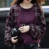 【MsMore】 復古格紋拼接圓領抽繩下襬長袖上衣# 125723 XL 紫色