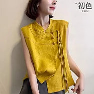 【初色】新中式國風亞麻中國結流蘇修身立領無袖襯衫上衣女上衣-共2色-14332(M-2XL可選) M 黃色