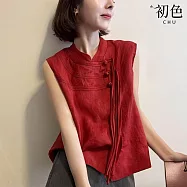 【初色】新中式國風亞麻中國結流蘇修身立領無袖襯衫上衣女上衣-共2色-14332(M-2XL可選) M 紅色