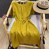【初色】復古風簡約純色系帶顯瘦壓褶圓領短袖連衣裙連身洋裝長洋裝-共2色-14271(M-2XL可選) M 黃色