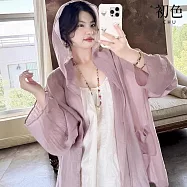 【初色】簡約純色棉麻涼感輕盈繫帶寬鬆連帽長袖防曬上衣女上衣外套-共3色-14338(M-2XL可選) L 粉紫色