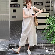 【初色】棉麻簡約風純色圓領開叉無袖薄款連衣裙連身洋裝長裙-米色-14253(M-2XL可選) M 米色