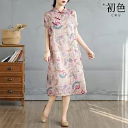 【初色】復古氣質風立領短袖印花改良式旗袍中長連衣裙連身洋裝-共2色-14261(M-2XL可選) M 粉色