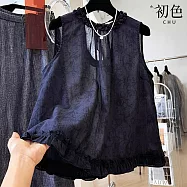 【初色】復古重工緹花印花露背木耳邊下擺圓領背心女背心-藏青色-14288(M-2XL可選) XL 藏青色
