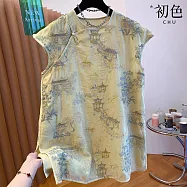 【初色】新中式國風圓領斜襟山水刺繡無袖背心上衣女上衣-淺黃色-14323(M-2XL可選) XL 淺黃色