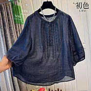 【初色】復古風純色刺繡壓褶微透輕薄寬鬆圓領七分袖襯衫上衣女上衣-藏青色-14324(M-2XL可選) M 藏青色