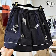 【初色】韓系純色刺繡鬆緊腰直筒口袋休閒褲寬褲短褲-共2色-14300(M-2XL可選) M 藏青色