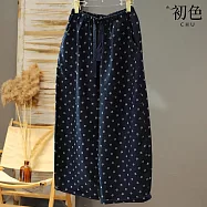 【初色】韓系純色滿版印花鬆緊腰口袋抽繩休閒褲寬褲長褲-藏青色-14331(M-2XL可選) M 藏青色