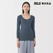 【MUJI 無印良品】女棉保暖U領八分袖T恤 S 煙燻藍