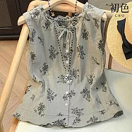 【初色】日系植物刺繡荷葉邊圓領綁帶無袖單排釦背心上衣女上衣-灰色-14222(M-2XL可選) M 灰色